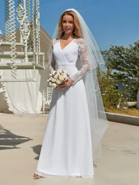 Minimalist V-Neck Chiffon Wedding Dress with Long Sleeves