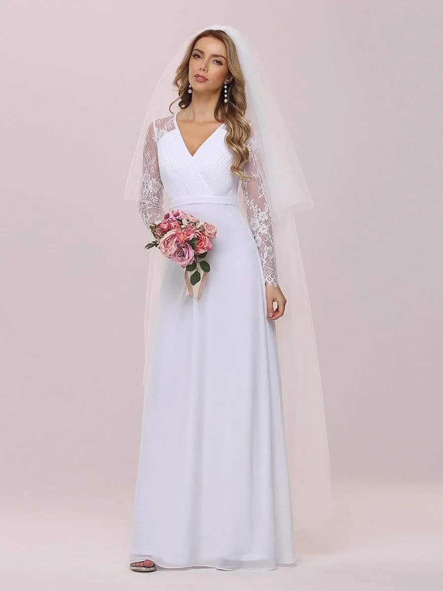 Minimalist V-Neck Chiffon Wedding Dress with Long Sleeves