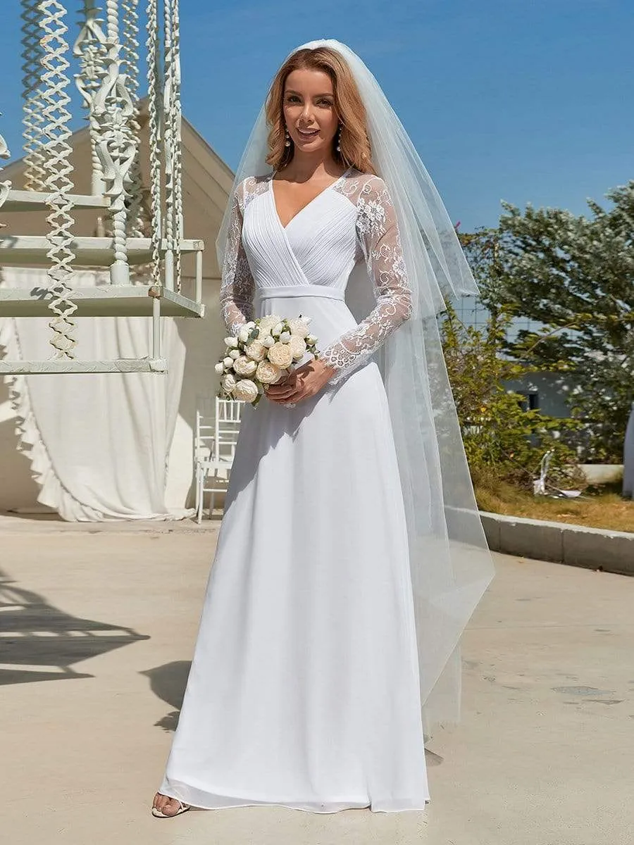 Minimalist V-Neck Chiffon Wedding Dress with Long Sleeves