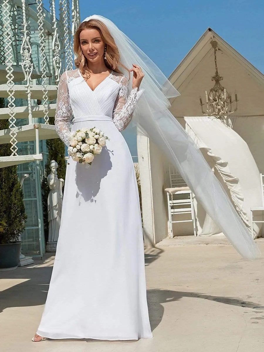 Minimalist V-Neck Chiffon Wedding Dress with Long Sleeves