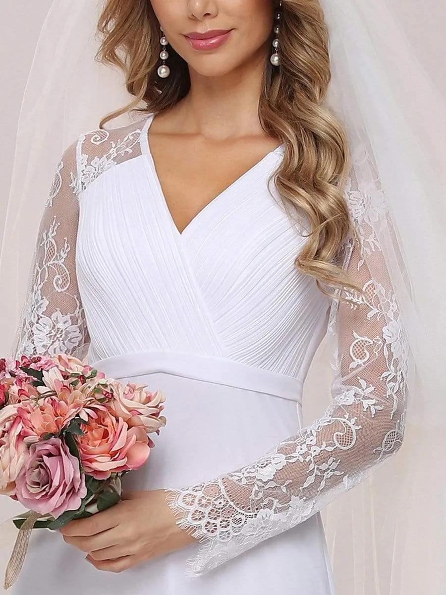 Minimalist V-Neck Chiffon Wedding Dress with Long Sleeves
