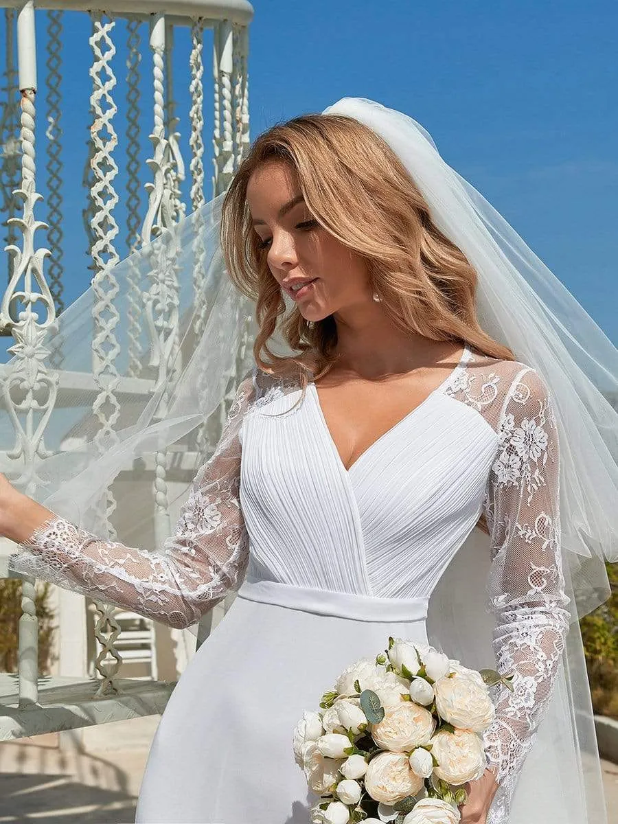 Minimalist V-Neck Chiffon Wedding Dress with Long Sleeves