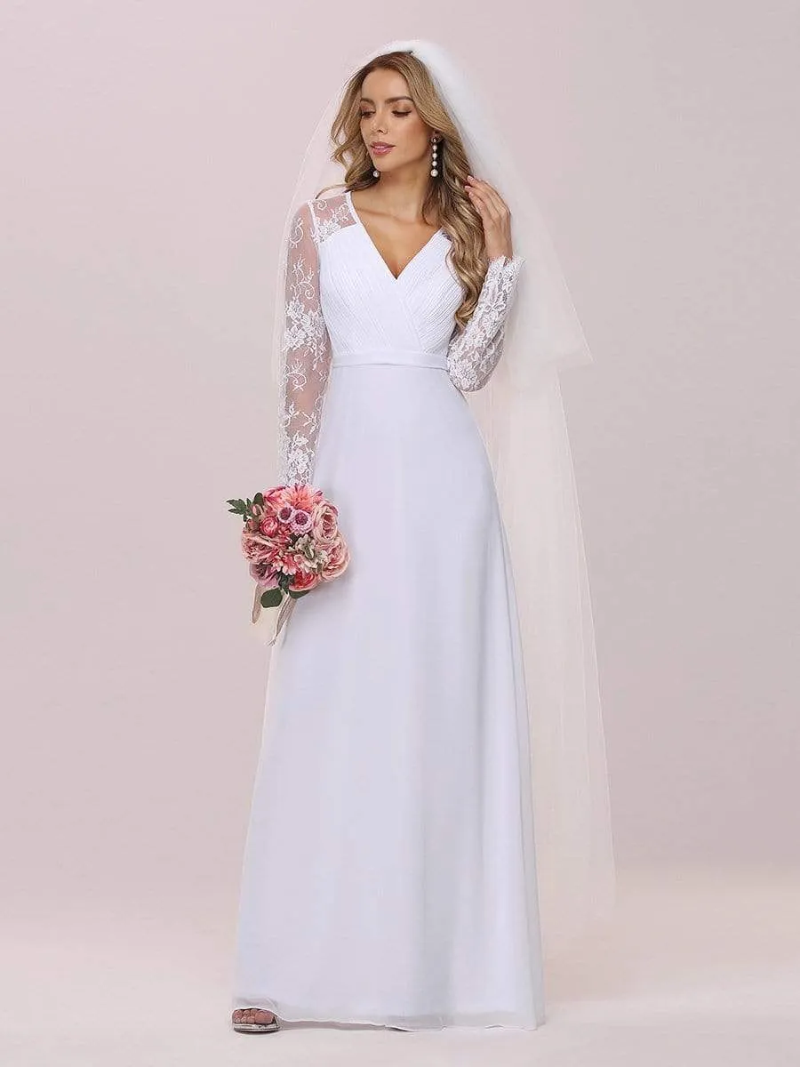 Minimalist V-Neck Chiffon Wedding Dress with Long Sleeves