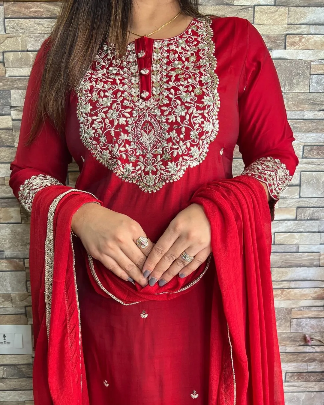 Muslin Solid Color Zari Embroidered Pant Set