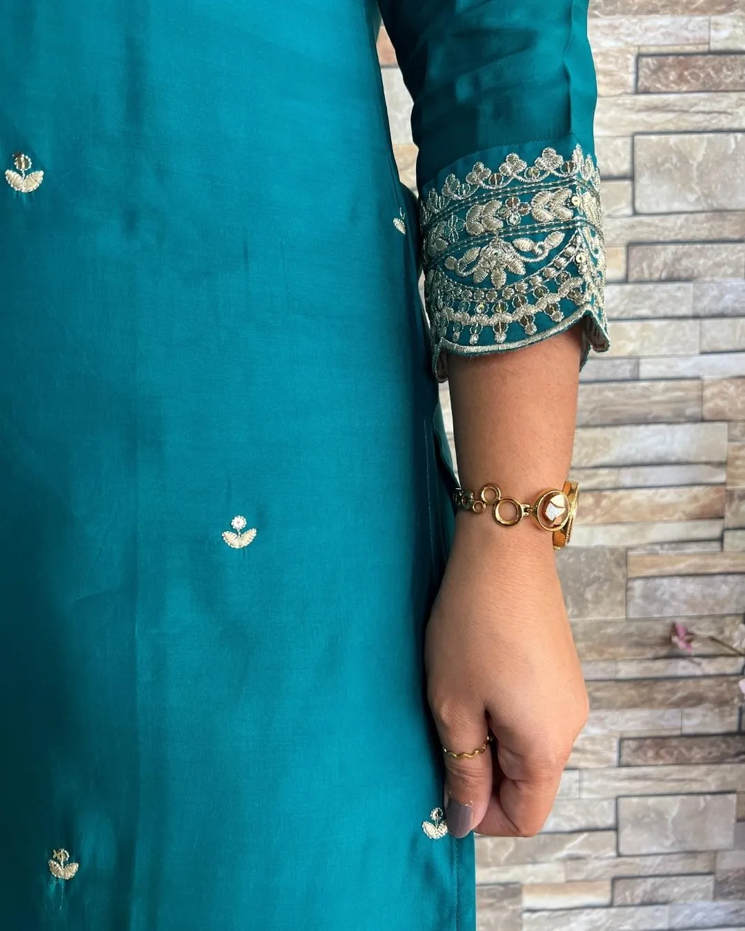 Muslin Solid Color Zari Embroidered Pant Set