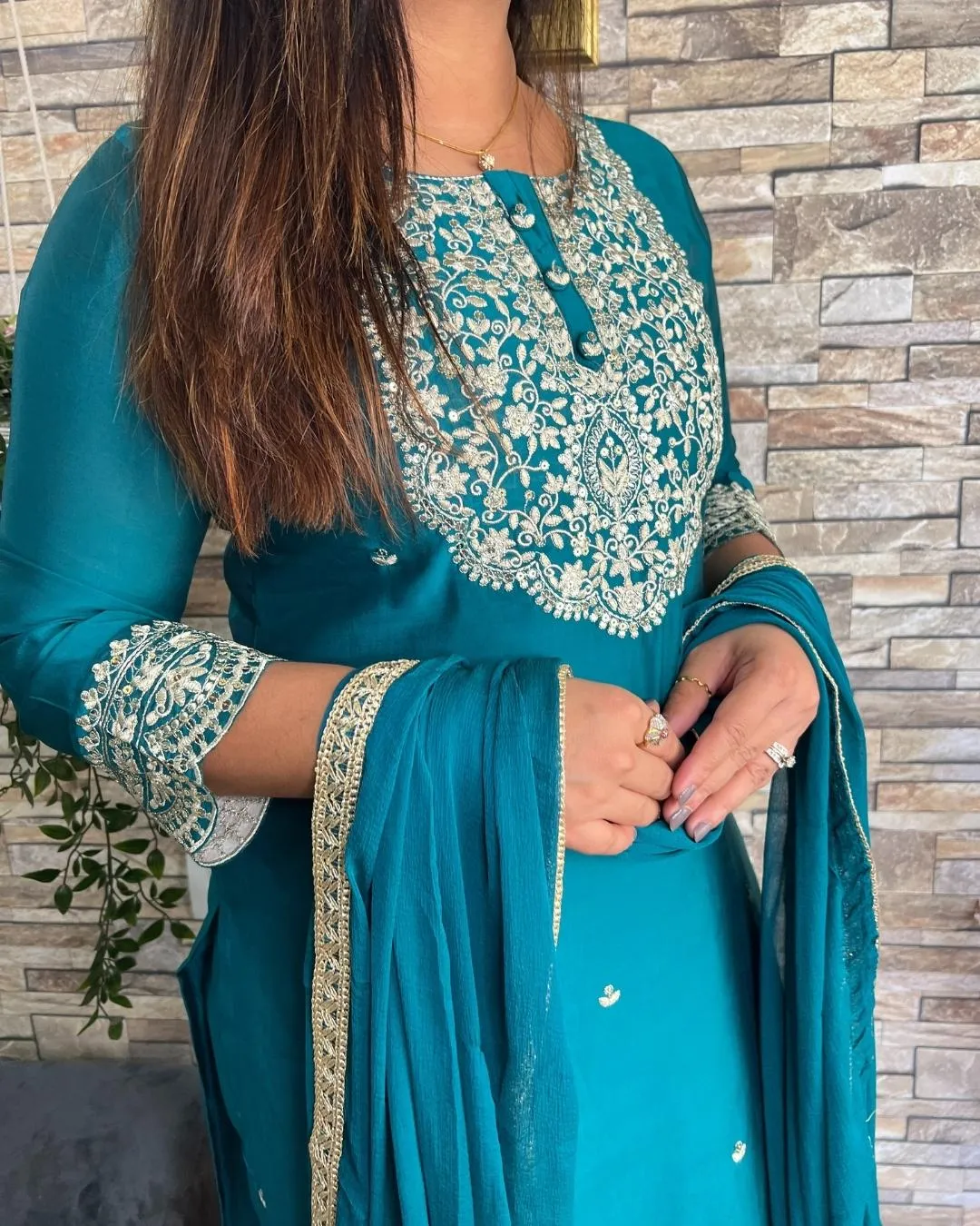 Muslin Solid Color Zari Embroidered Pant Set