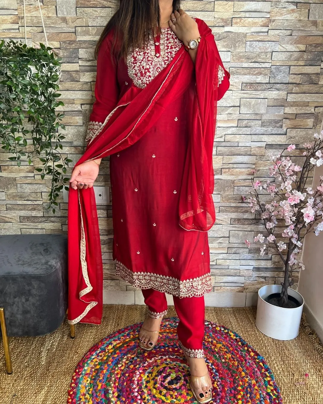 Muslin Solid Color Zari Embroidered Pant Set