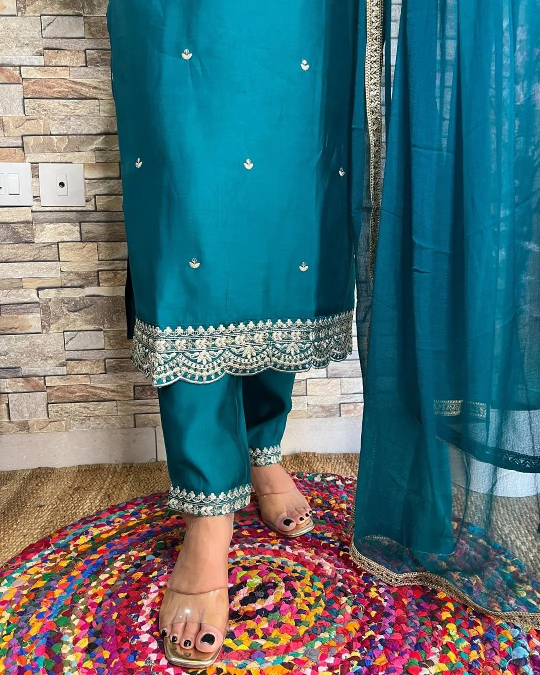 Muslin Solid Color Zari Embroidered Pant Set