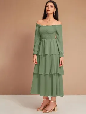 Off Shoulder Shirred Bodice Layered Hem Dress
