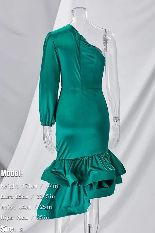 One Shoulder Asymmetrical Ruffle Hem Midi Dress