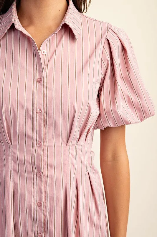 Pink Striped Button Down Shirt Dress