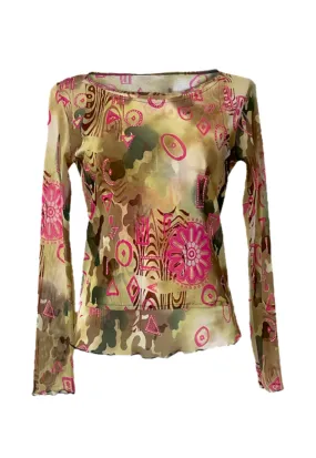 PINK SWIRL MESH SLEEVED TOP