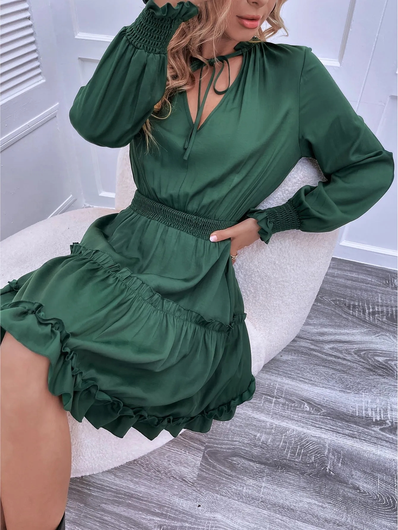 Plain Shirred Long Sleeve Tie Neck Layered/Tiered High Waist Short Dress