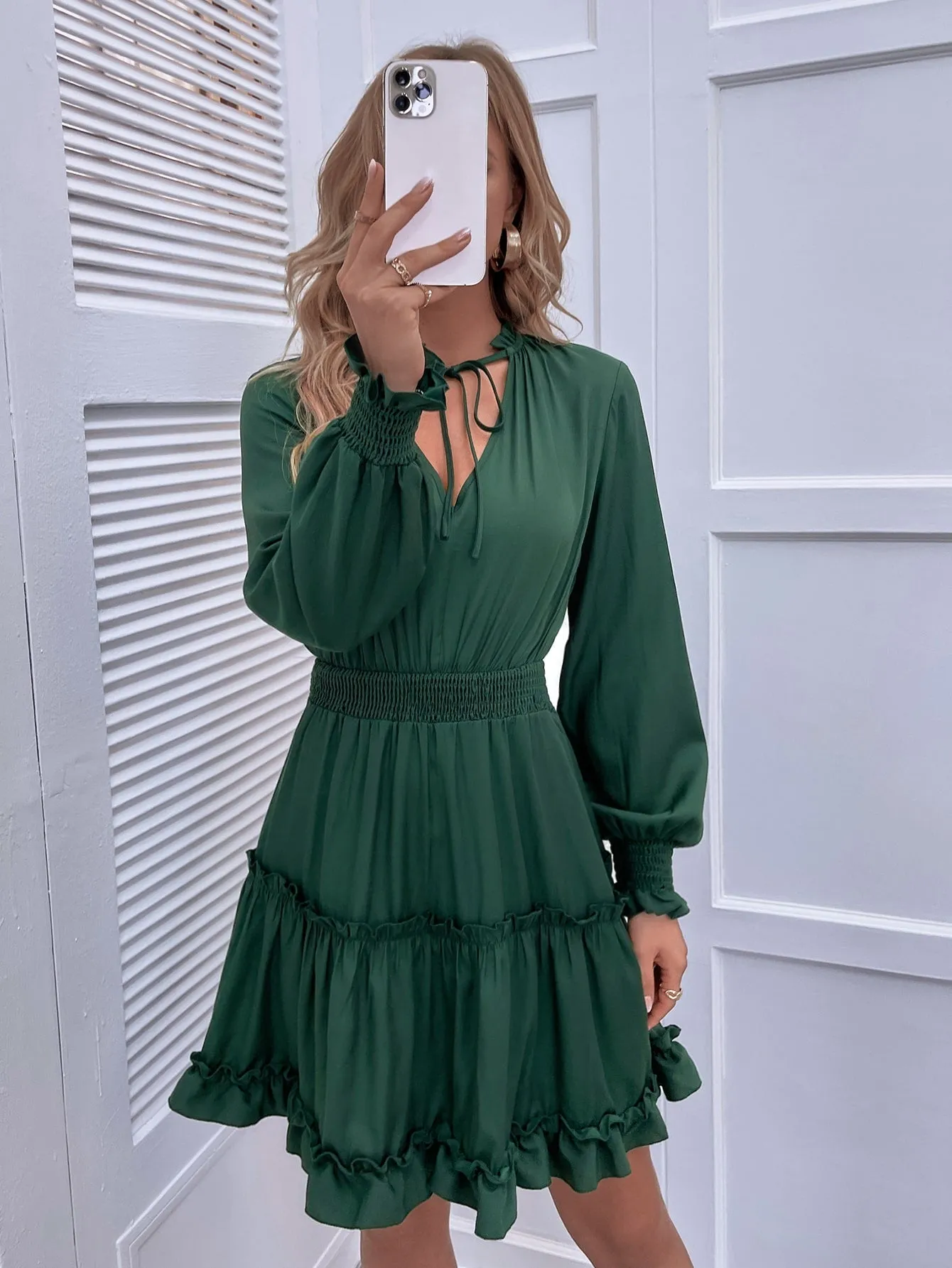 Plain Shirred Long Sleeve Tie Neck Layered/Tiered High Waist Short Dress