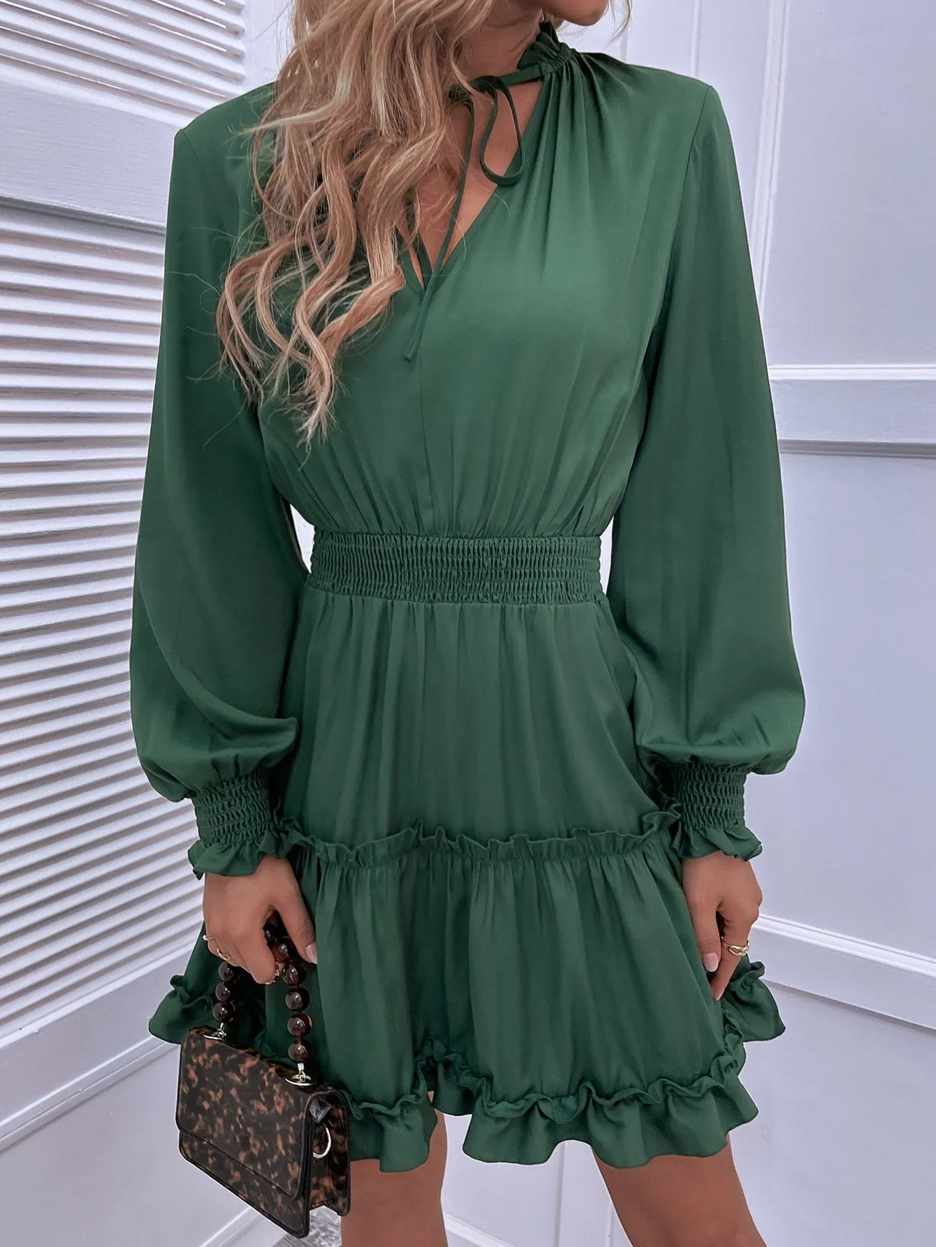 Plain Shirred Long Sleeve Tie Neck Layered/Tiered High Waist Short Dress