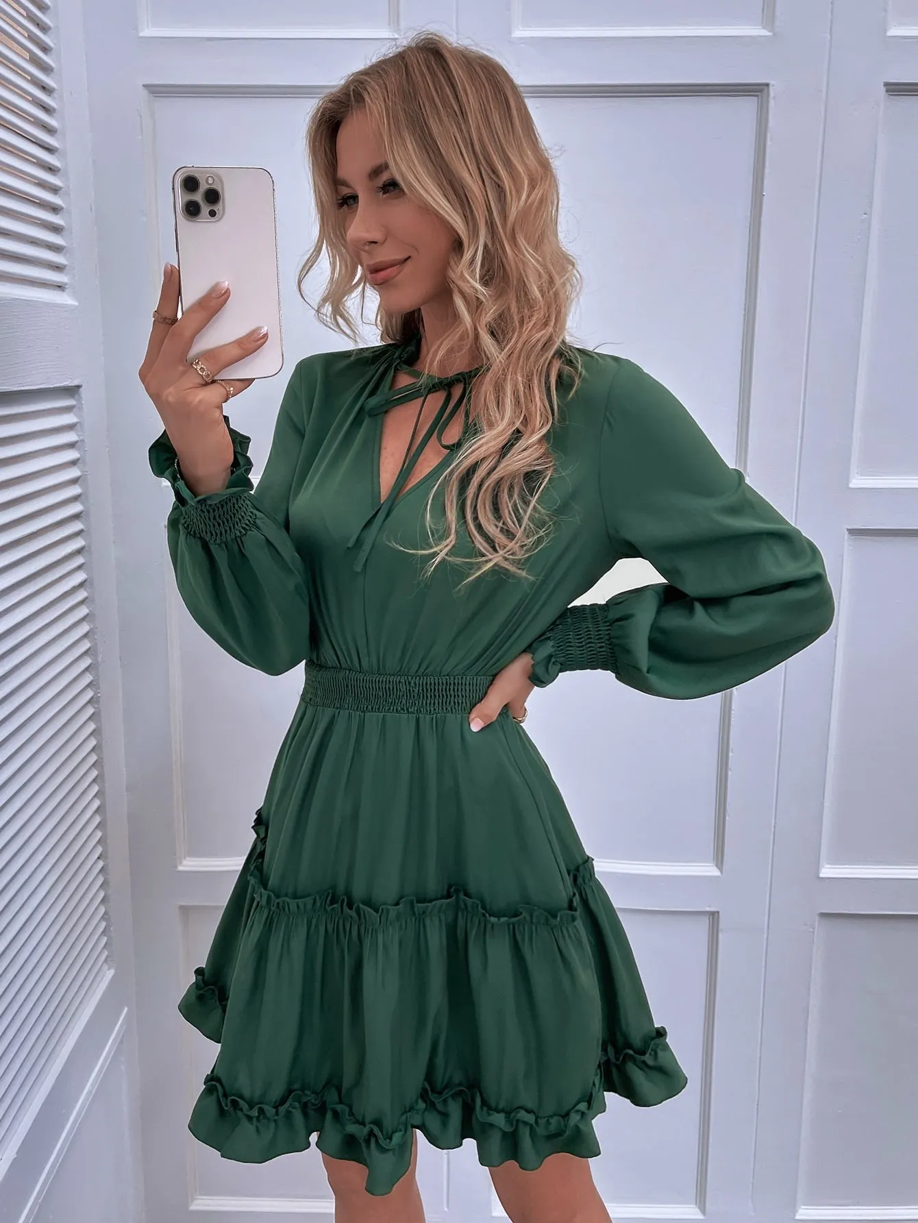 Plain Shirred Long Sleeve Tie Neck Layered/Tiered High Waist Short Dress