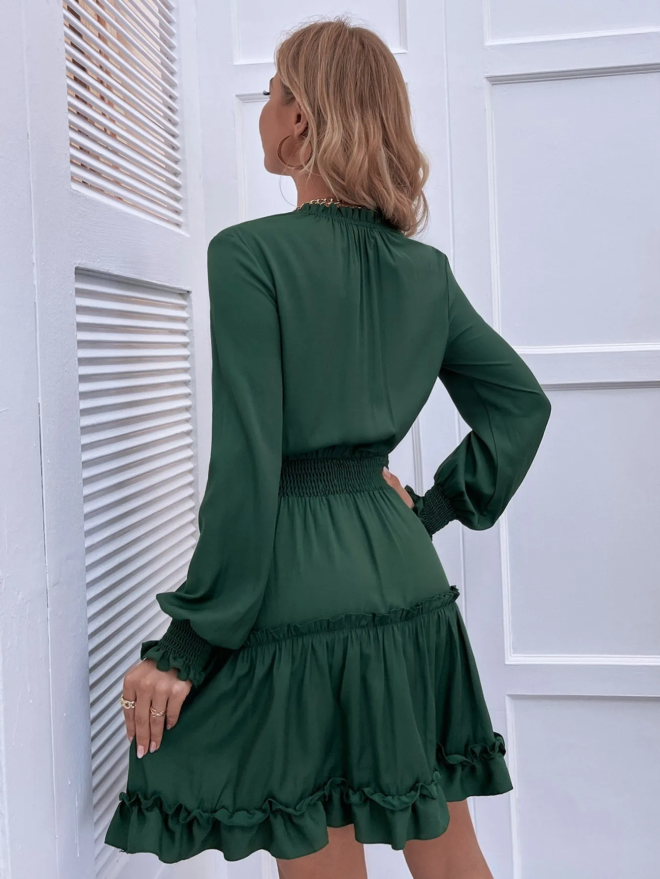 Plain Shirred Long Sleeve Tie Neck Layered/Tiered High Waist Short Dress