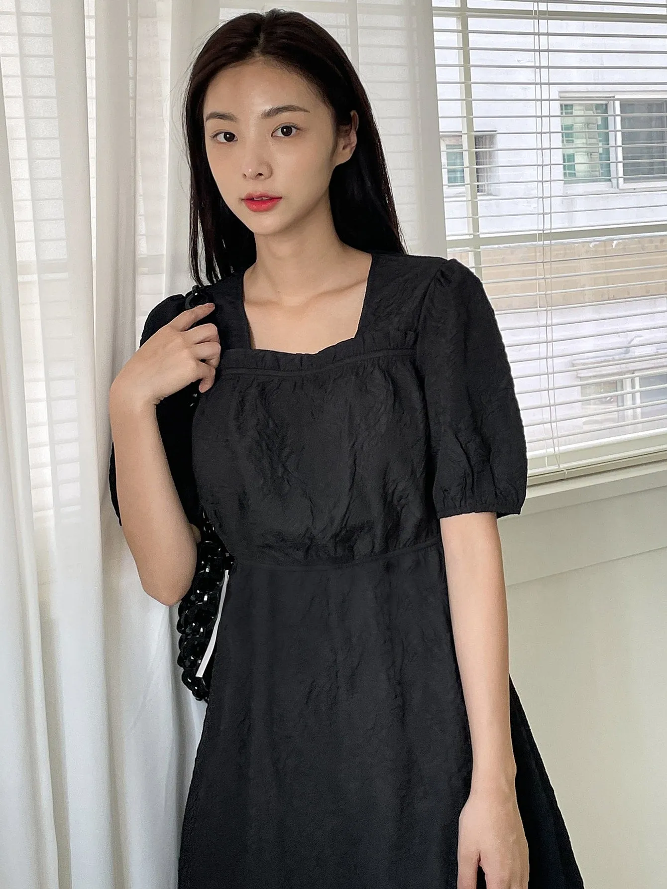 Plain Short Sleeve Square Neck Flared High Waist Short Dress