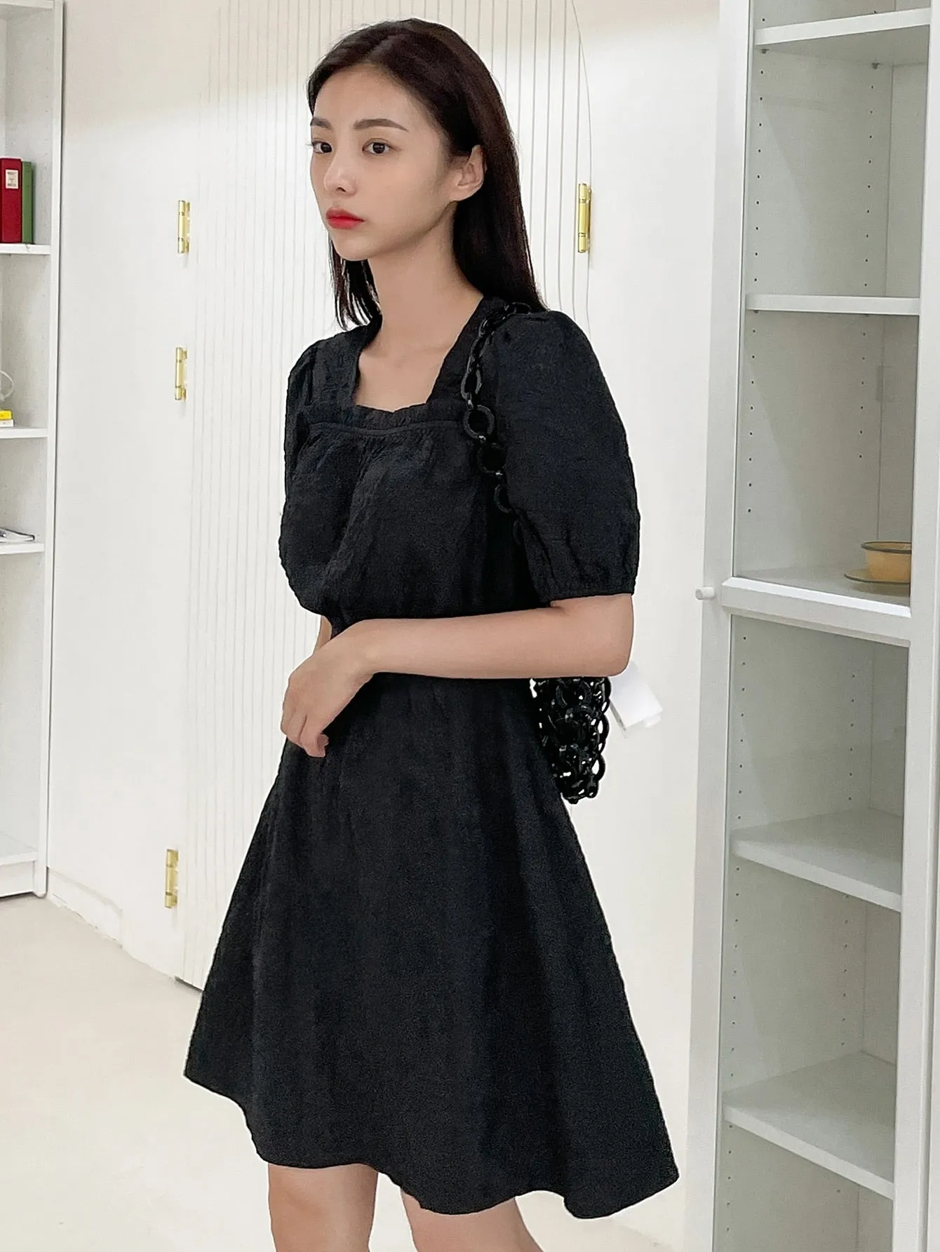 Plain Short Sleeve Square Neck Flared High Waist Short Dress