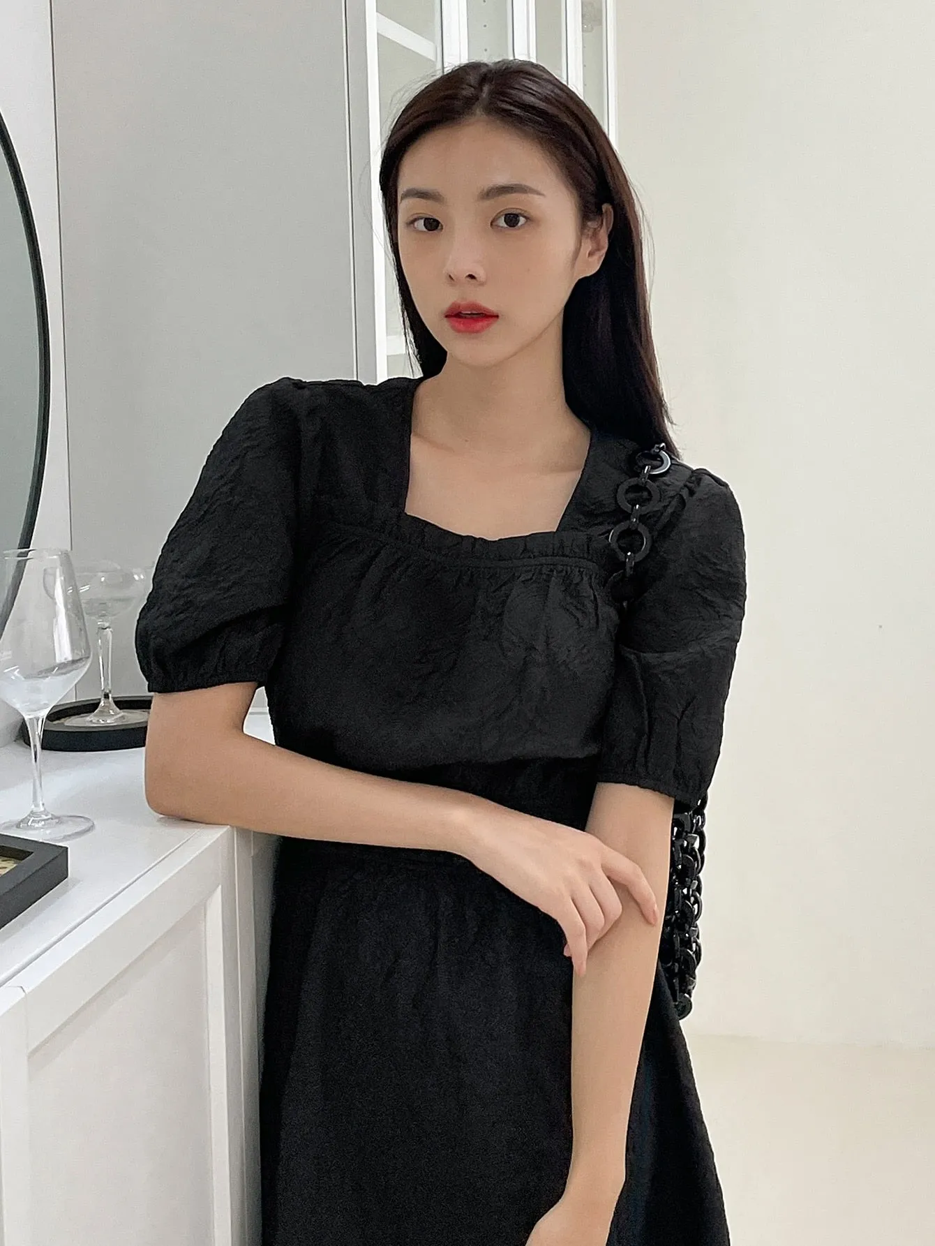Plain Short Sleeve Square Neck Flared High Waist Short Dress
