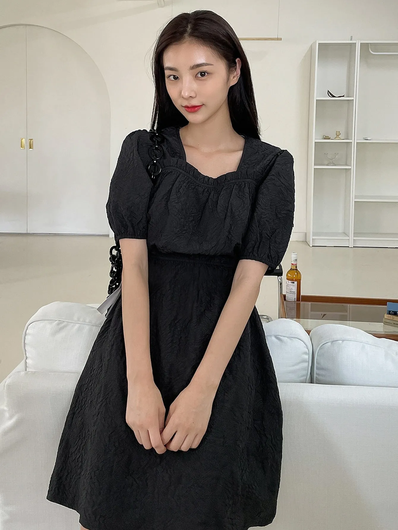 Plain Short Sleeve Square Neck Flared High Waist Short Dress
