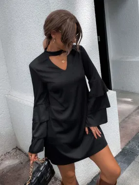 Plain Tiered Layer Long Sleeve Keyhole Neckline Straight Natural Short Dress