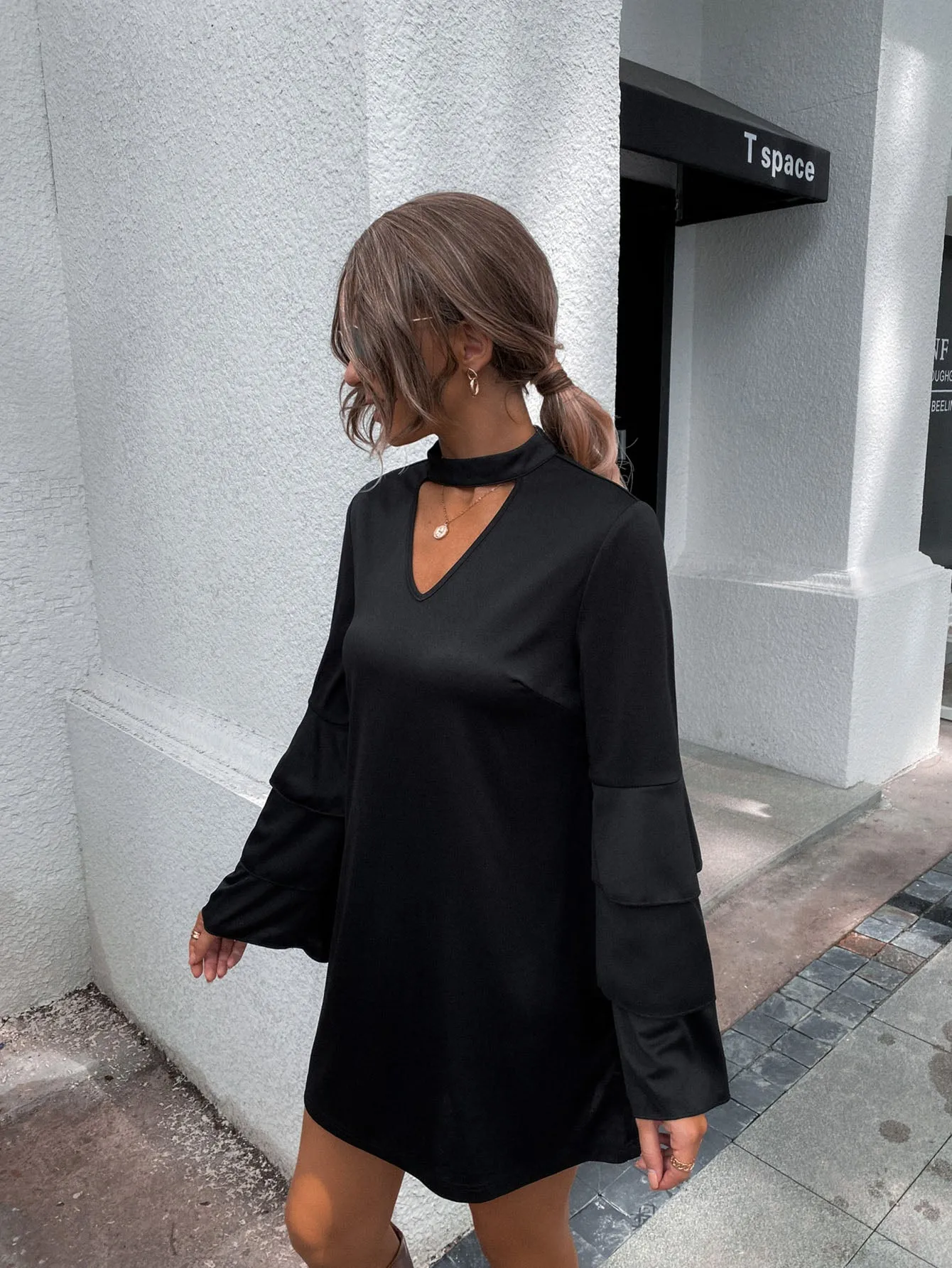 Plain Tiered Layer Long Sleeve Keyhole Neckline Straight Natural Short Dress