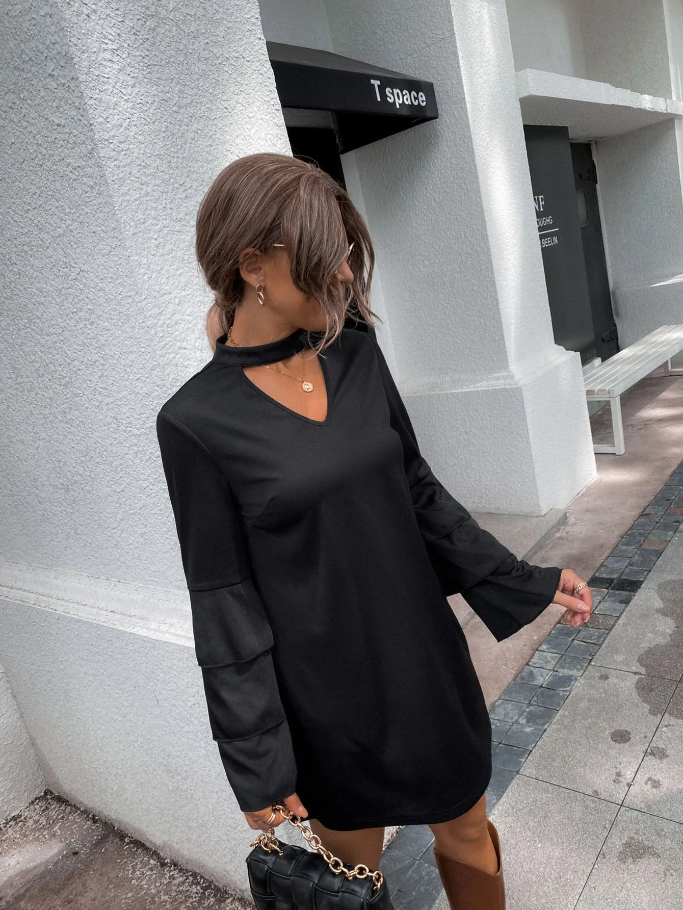 Plain Tiered Layer Long Sleeve Keyhole Neckline Straight Natural Short Dress