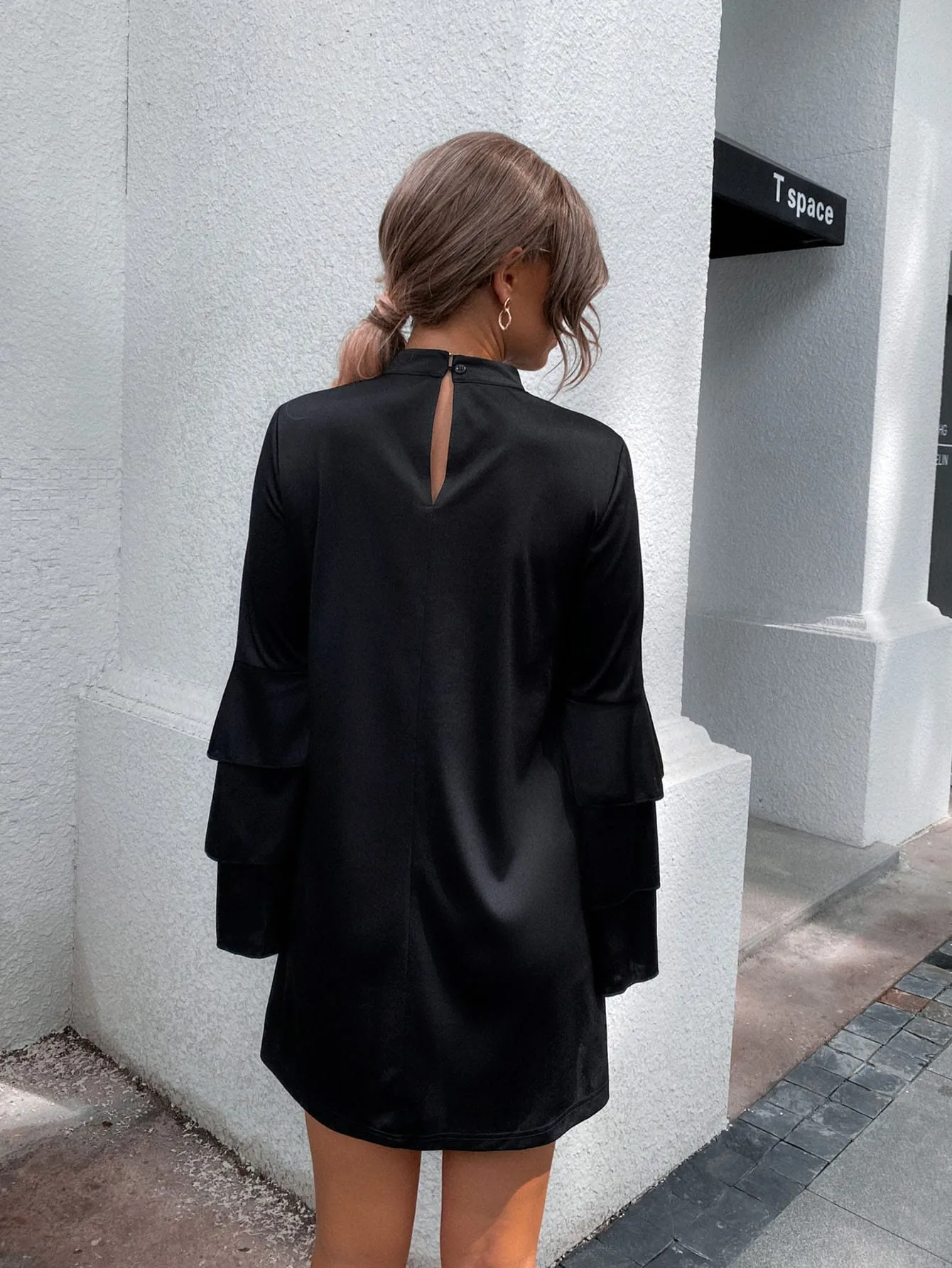 Plain Tiered Layer Long Sleeve Keyhole Neckline Straight Natural Short Dress