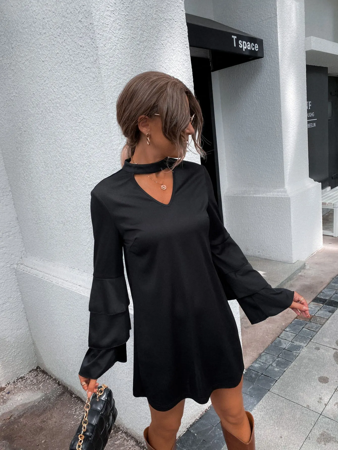 Plain Tiered Layer Long Sleeve Keyhole Neckline Straight Natural Short Dress