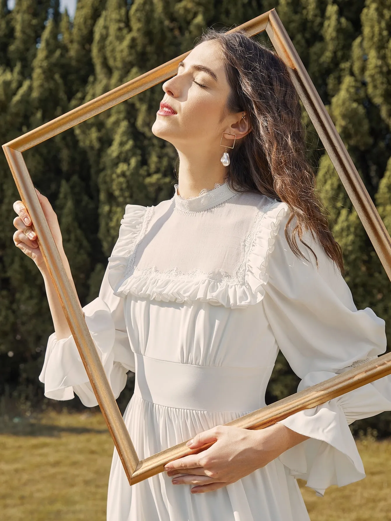 Plain Zipper Long Sleeve Stand Collar Layered/Tiered High Waist Maxi Dress