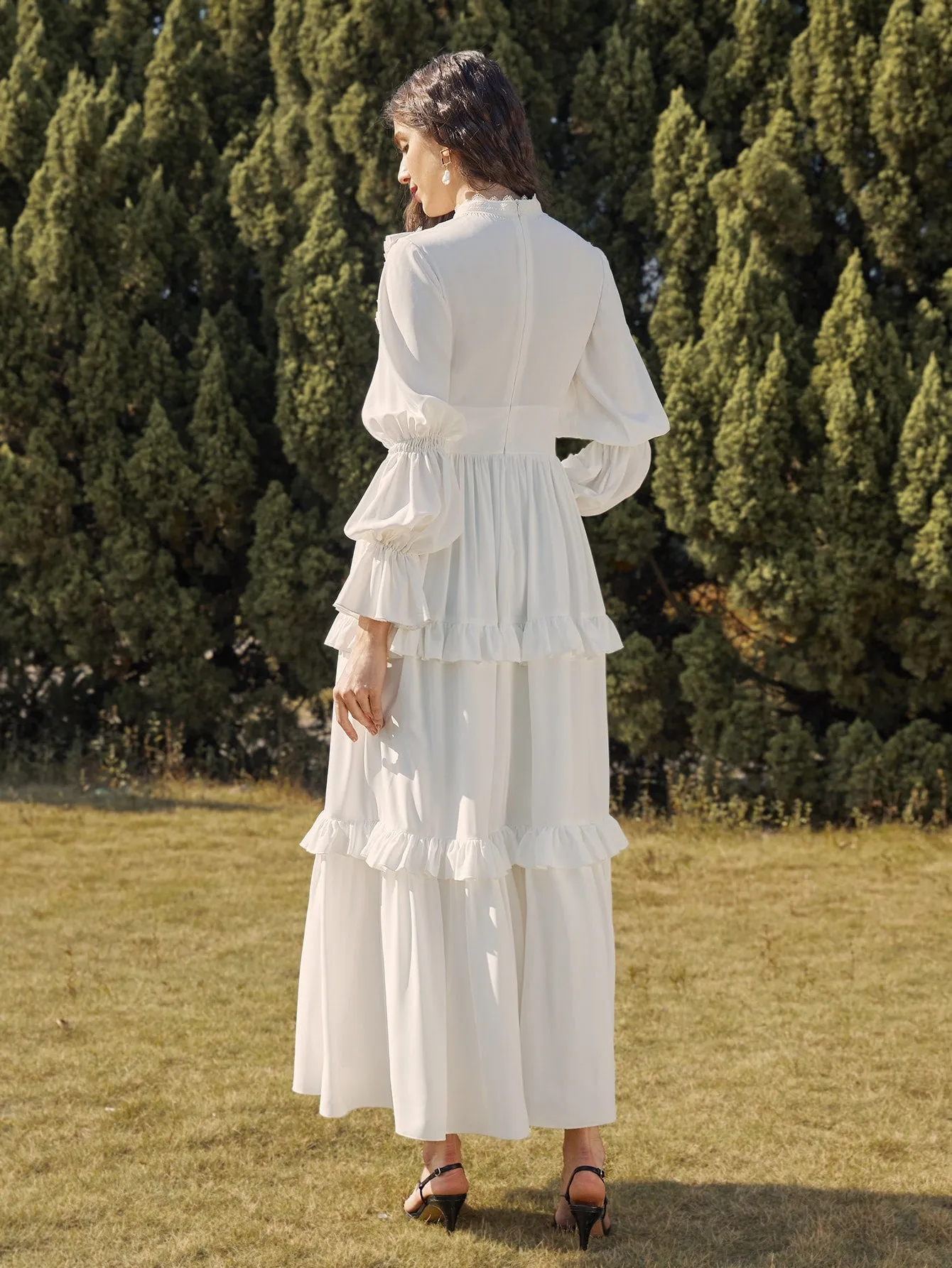 Plain Zipper Long Sleeve Stand Collar Layered/Tiered High Waist Maxi Dress
