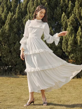Plain Zipper Long Sleeve Stand Collar Layered/Tiered High Waist Maxi Dress