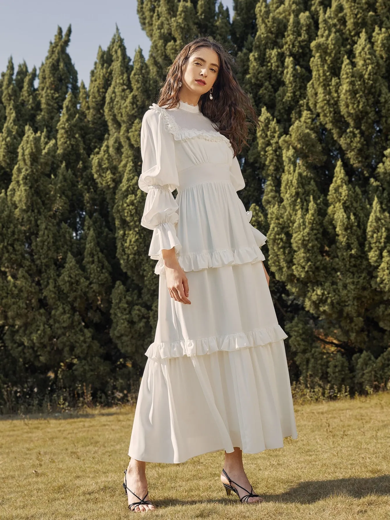 Plain Zipper Long Sleeve Stand Collar Layered/Tiered High Waist Maxi Dress