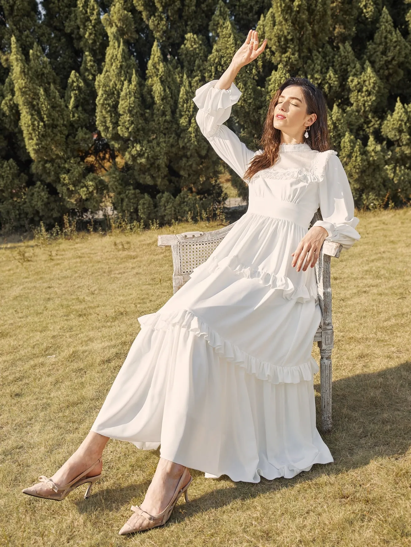 Plain Zipper Long Sleeve Stand Collar Layered/Tiered High Waist Maxi Dress