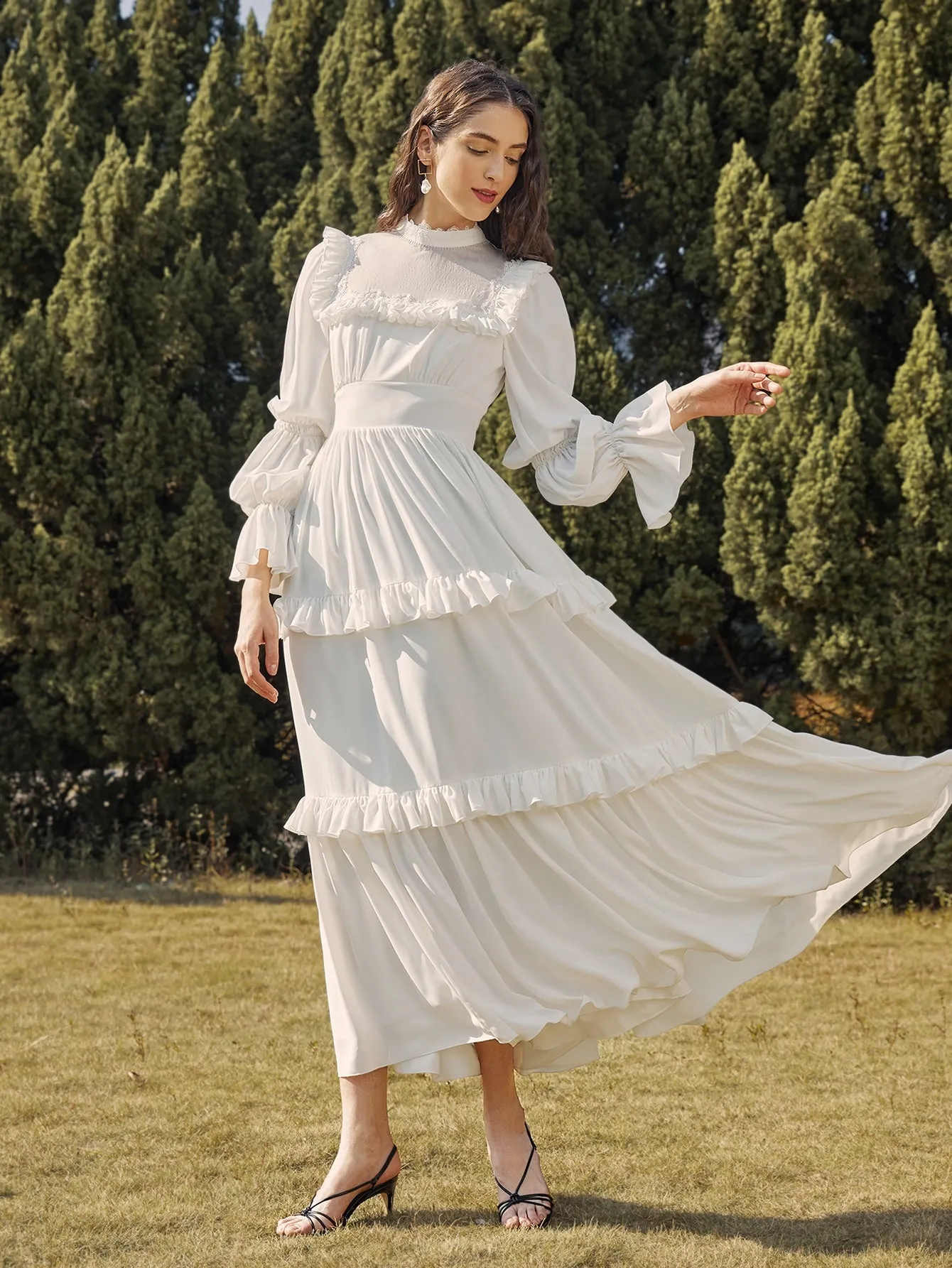 Plain Zipper Long Sleeve Stand Collar Layered/Tiered High Waist Maxi Dress