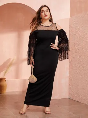  Plus Cold Shoulder Layered Dobby Mesh Sleeve Maxi Dress