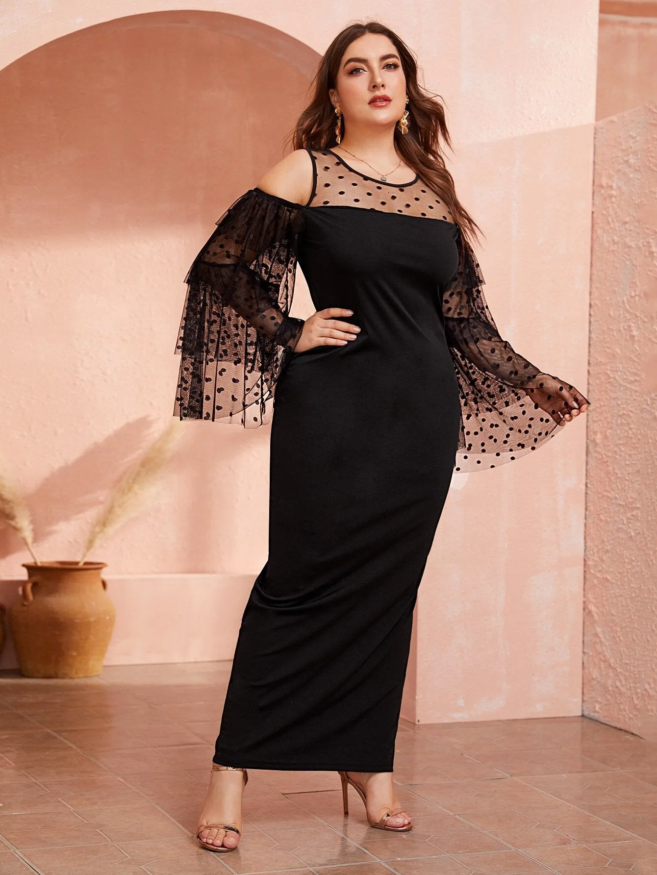  Plus Cold Shoulder Layered Dobby Mesh Sleeve Maxi Dress