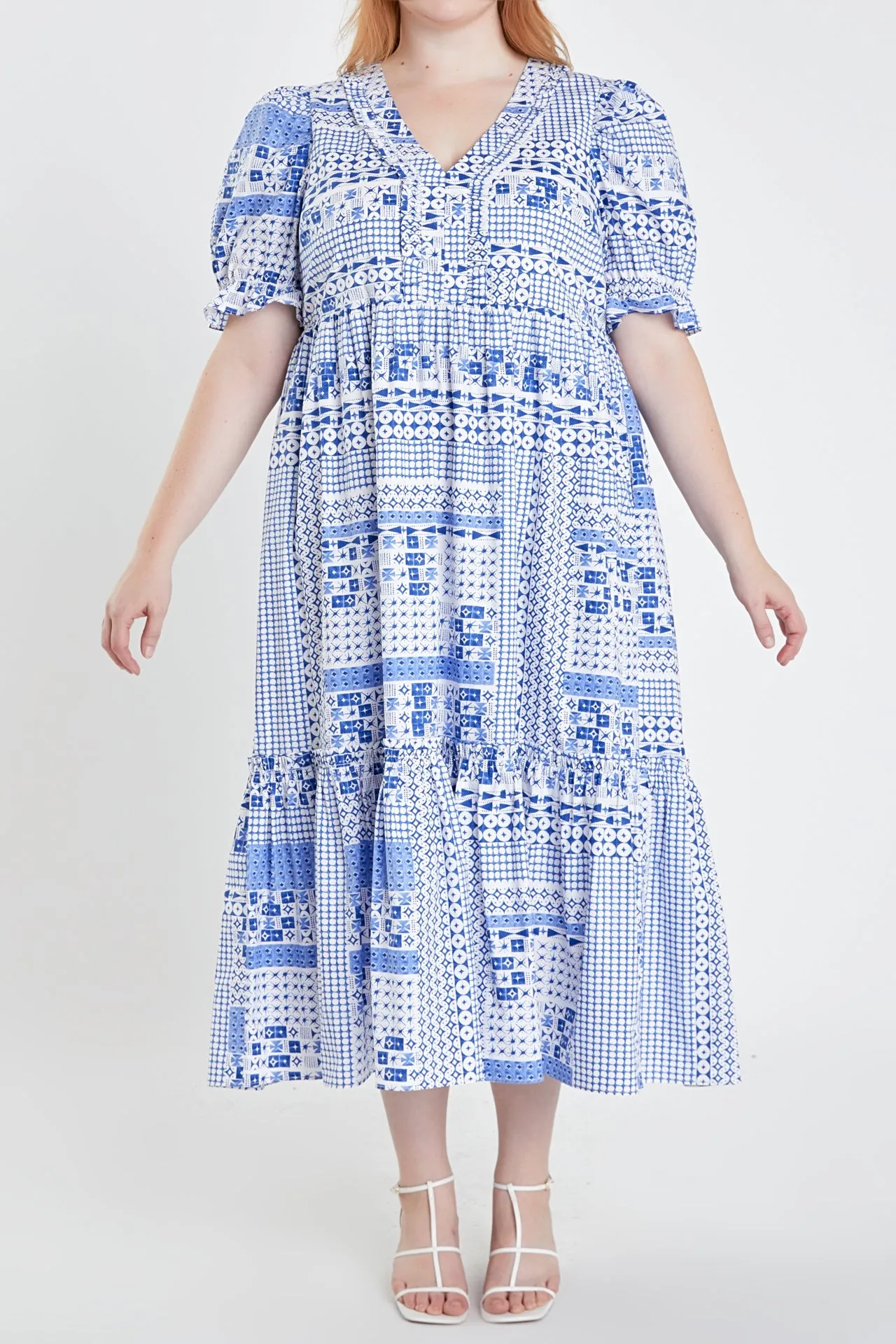 Plus Size Geometric Print Tiered Midi Dress