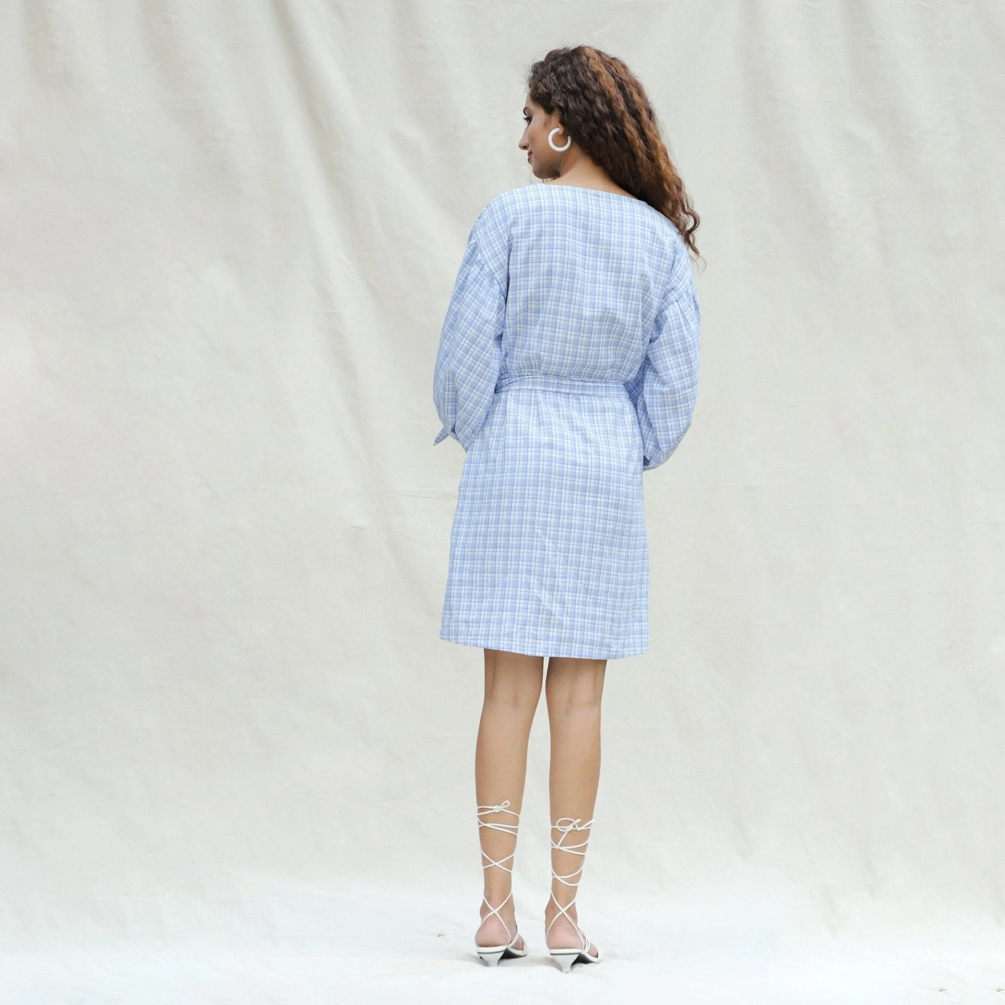 Powder Blue Handspun Cotton Balloon Sleeves Short Dress