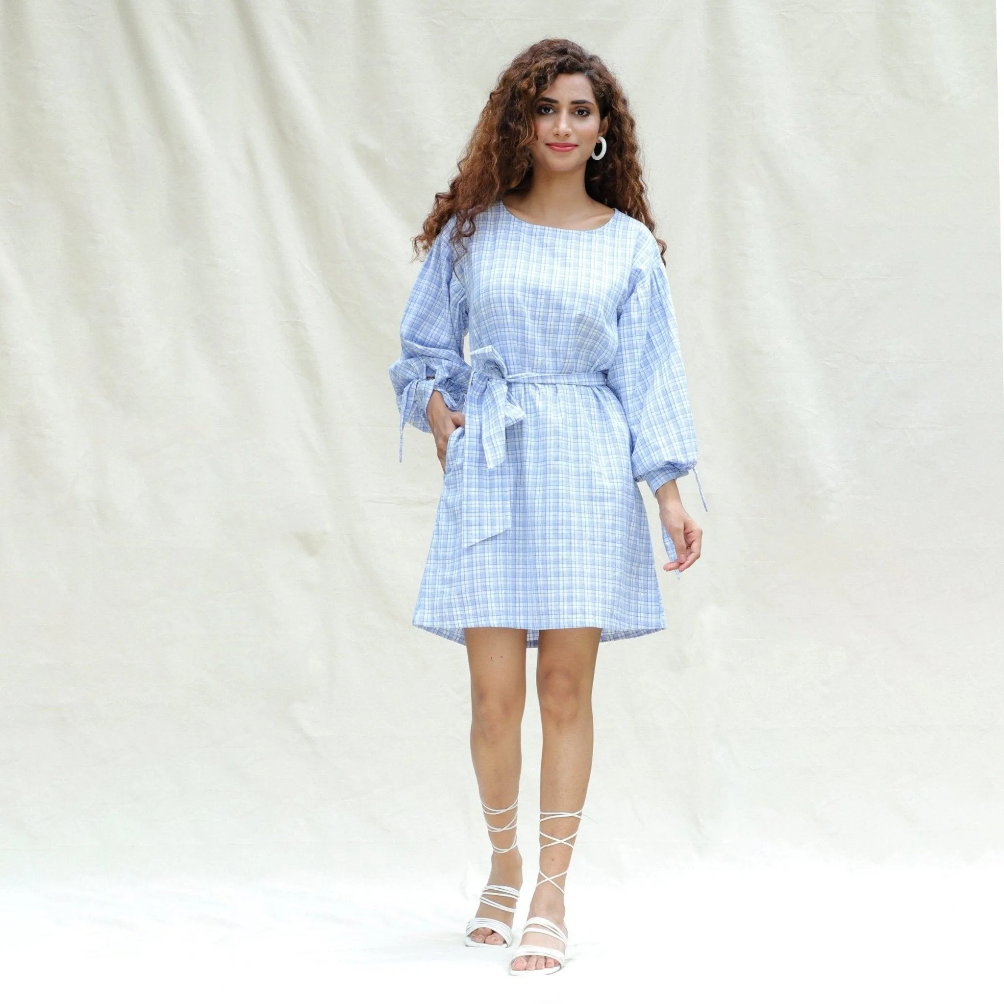 Powder Blue Handspun Cotton Balloon Sleeves Short Dress