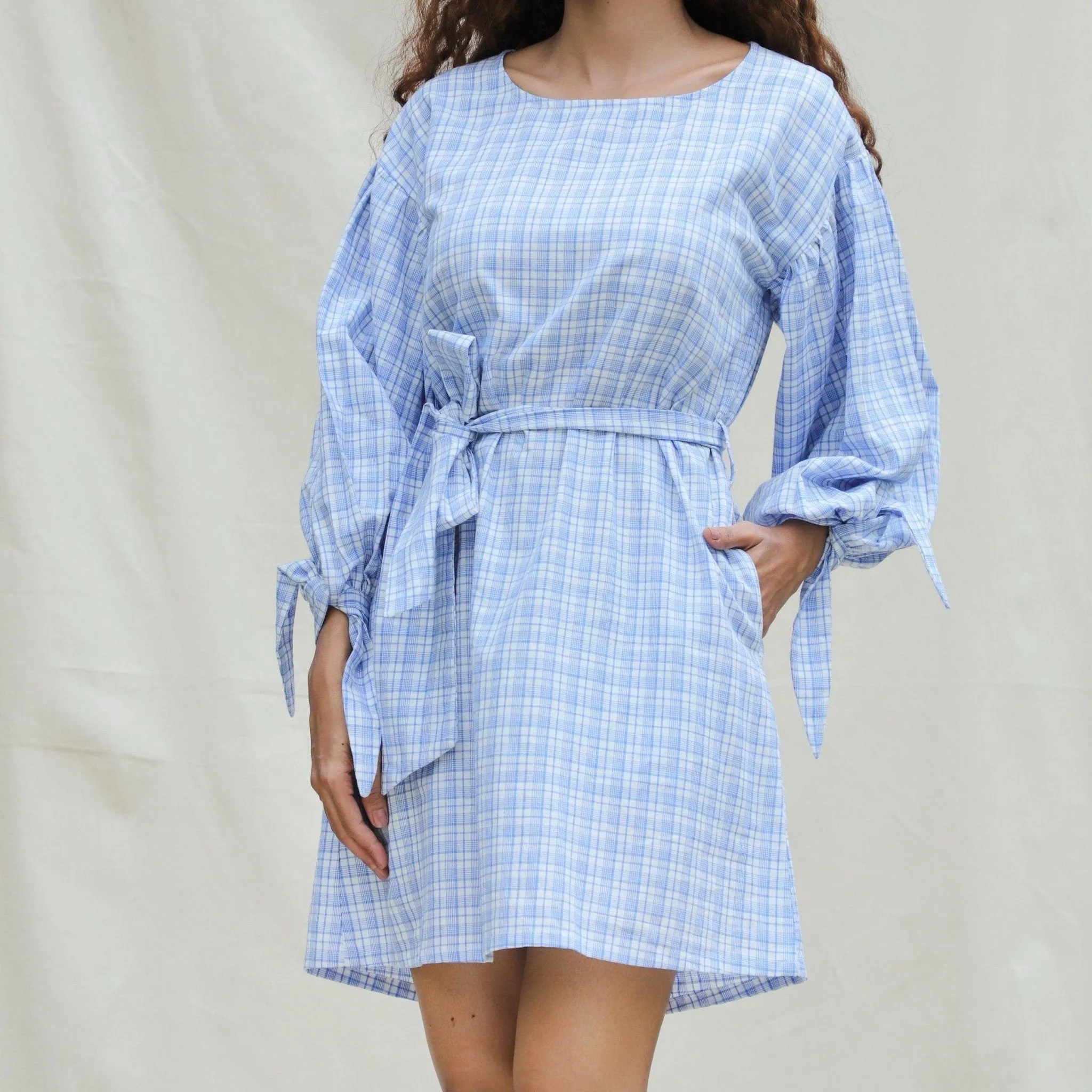 Powder Blue Handspun Cotton Balloon Sleeves Short Dress