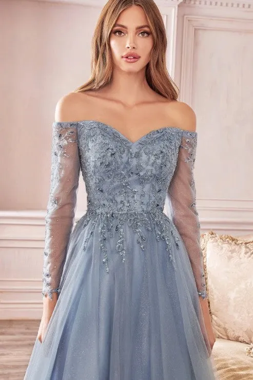 Smoky Blue A-line Off The Shoulder Layered Tulle Gown