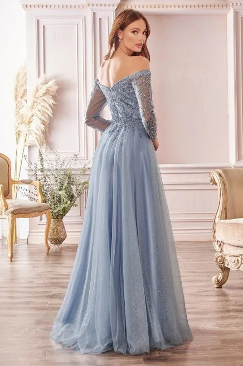 Smoky Blue A-line Off The Shoulder Layered Tulle Gown