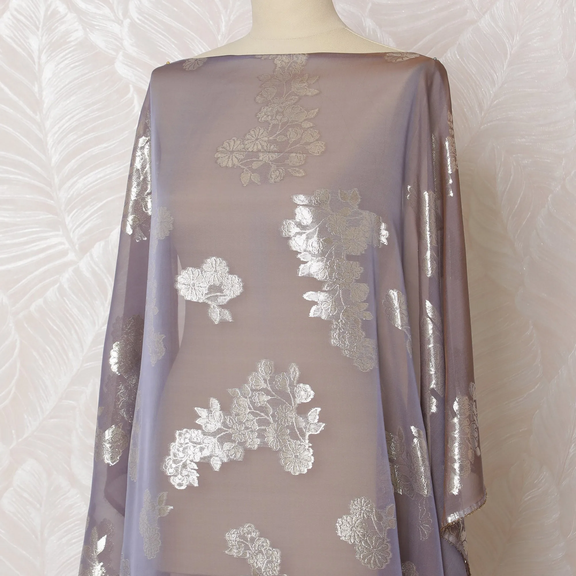 Smoky Lavender Silk Chiffon Dirac with Silver Lurex Florals, 140cm Wide X 3.5 Mtrs piece-D18932