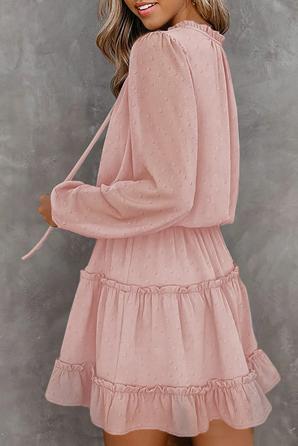 Swiss Dot Ruffle Hem Bubble Long Sleeve Dress