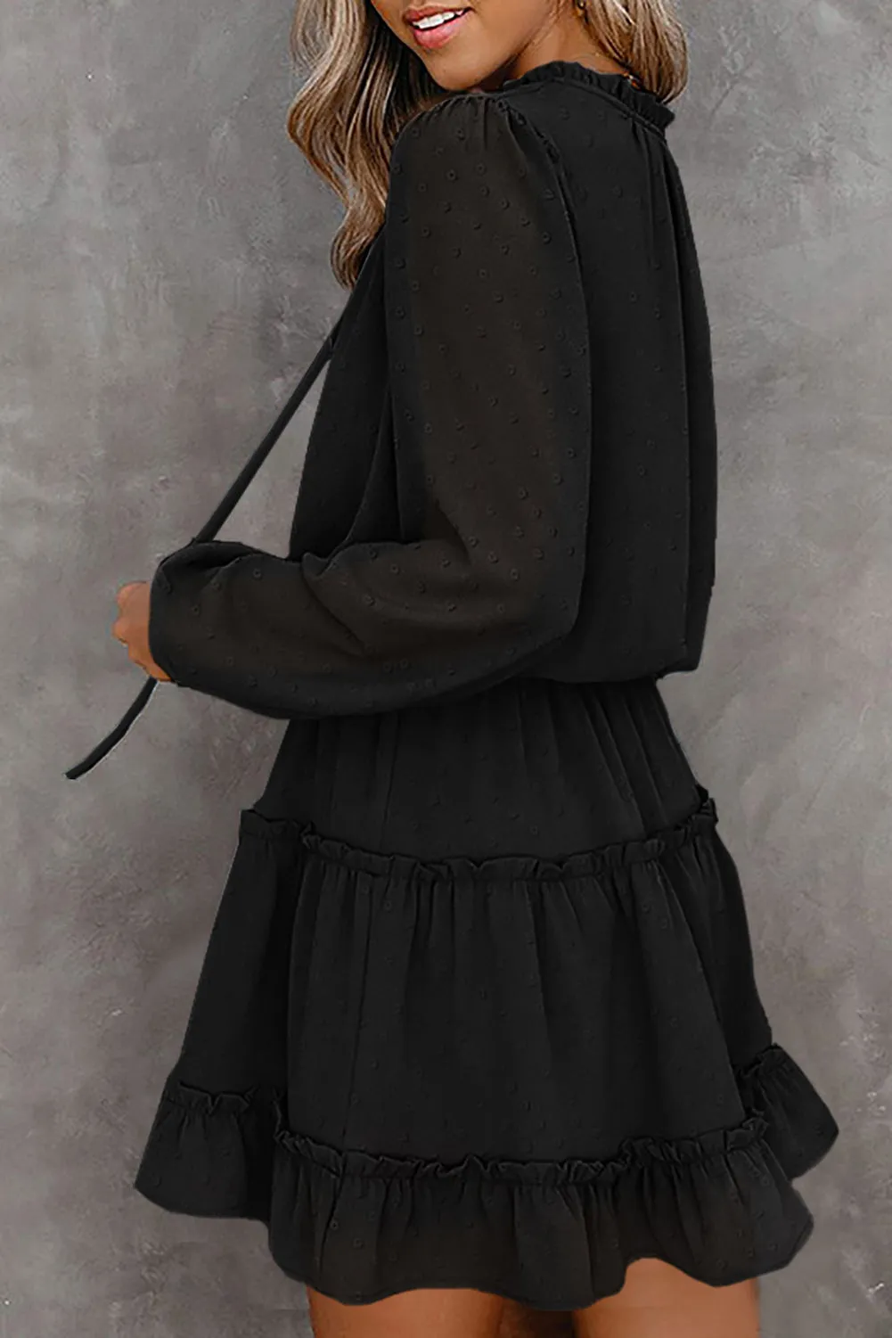 Swiss Dot Ruffle Hem Bubble Long Sleeve Dress