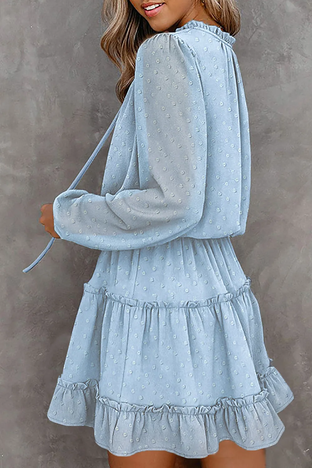 Swiss Dot Ruffle Hem Bubble Long Sleeve Dress