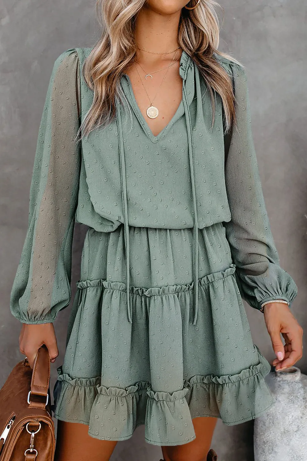 Swiss Dot Ruffle Hem Bubble Long Sleeve Dress
