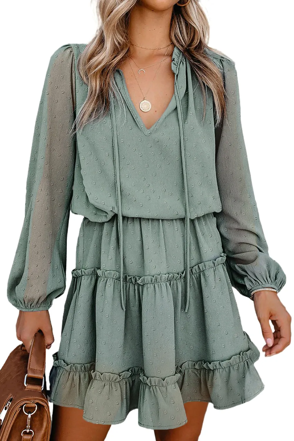 Swiss Dot Ruffle Hem Bubble Long Sleeve Dress